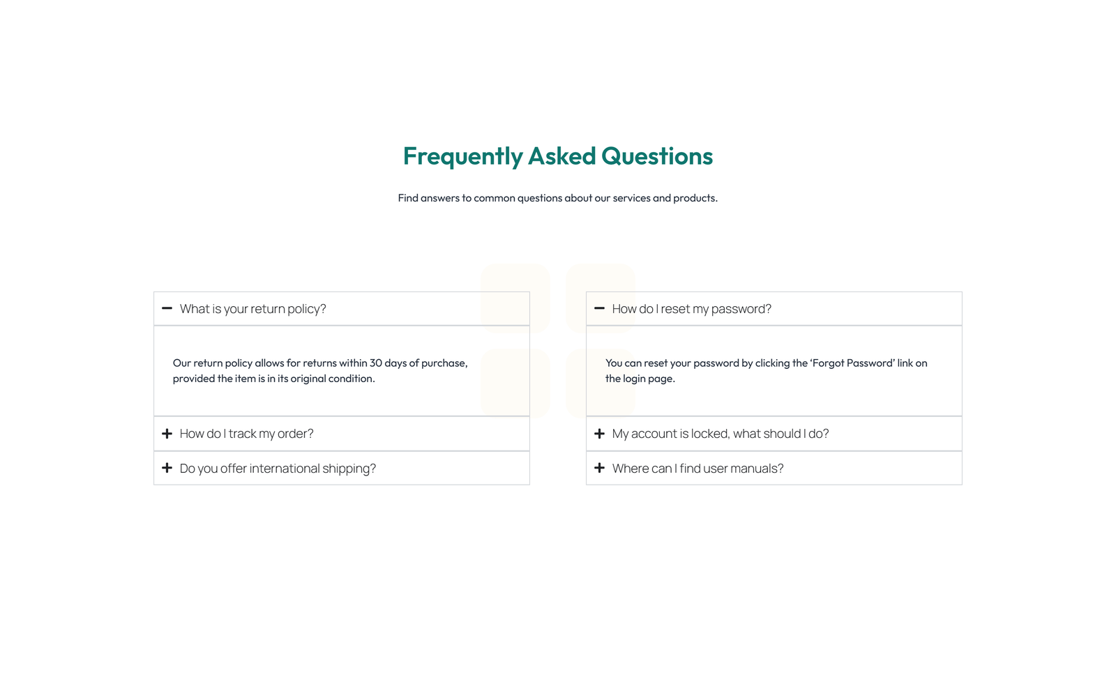 Screenshot of Centered FAQ with Accordion with Heading 29 - Elementor FAQ Sections component