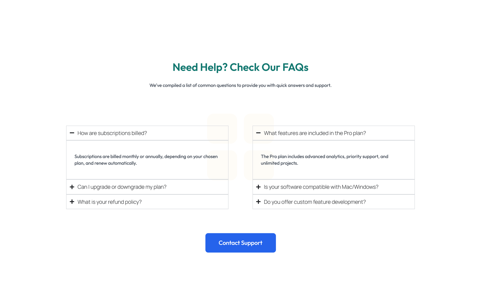 Screenshot of Centered FAQ with Accordion, Follow-up CTA 29 - Elementor FAQ Sections component