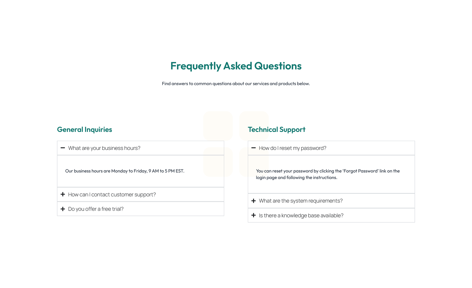 Screenshot of Centered FAQ with Accordion with Heading 30 - Elementor FAQ Sections component