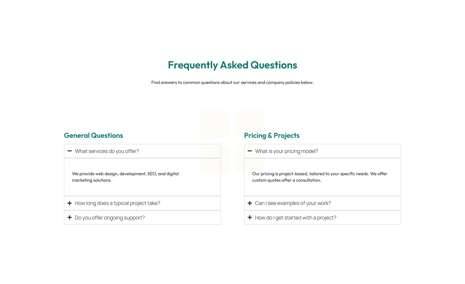 Screenshot of Split FAQ with Text and CTA Left and Accordion Right 30 - Elementor FAQ Sections component