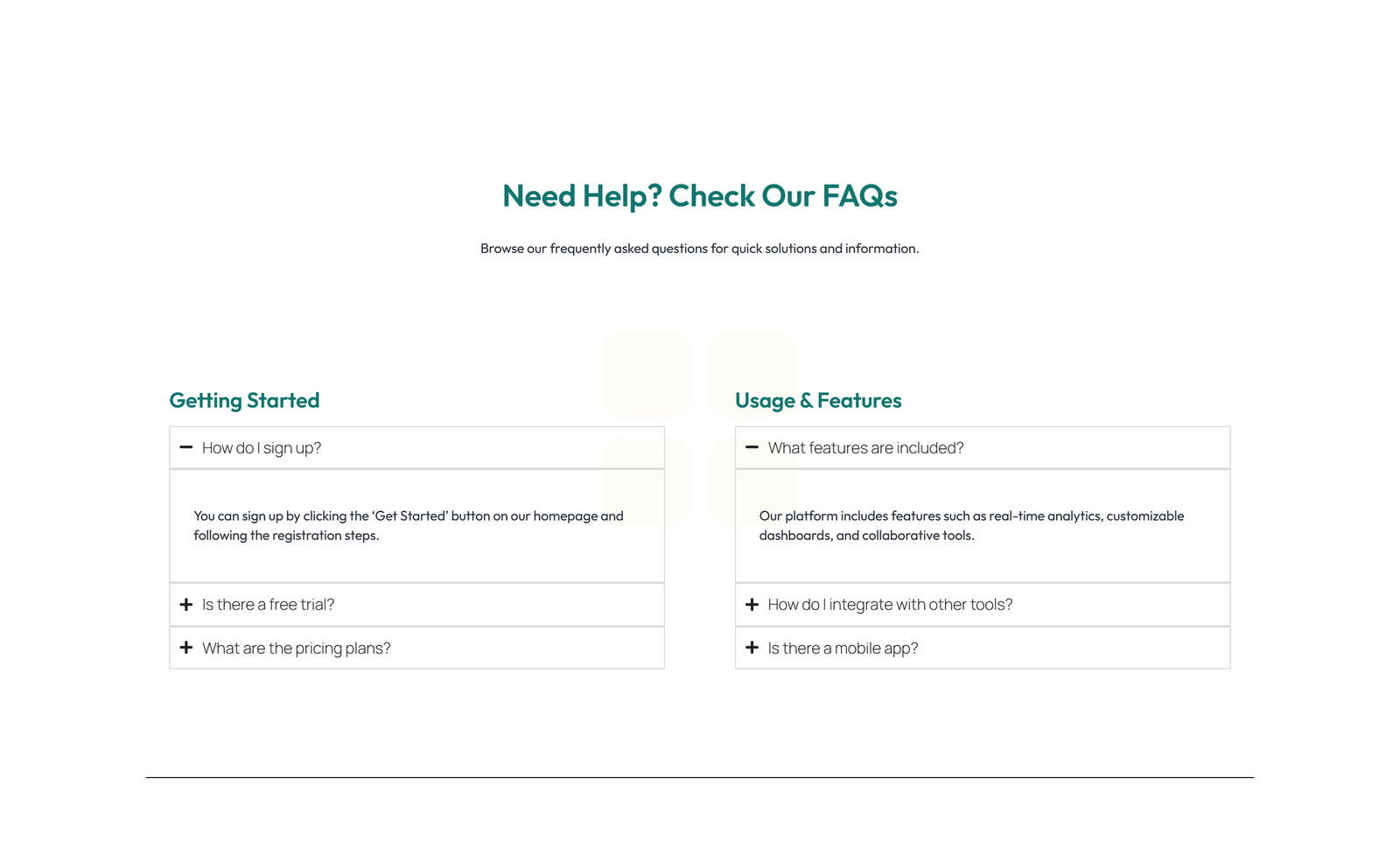Screenshot of Centered FAQ with Accordion, Follow-up CTA 31 - Elementor FAQ Sections component