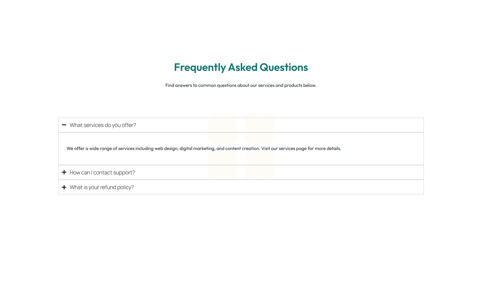 Screenshot of Centered FAQ with Accordion with Heading 33 - Elementor FAQ Sections component
