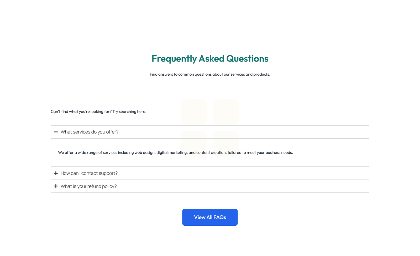 Screenshot of Centered FAQ with Accordion, Follow-up CTA 33 - Elementor FAQ Sections component