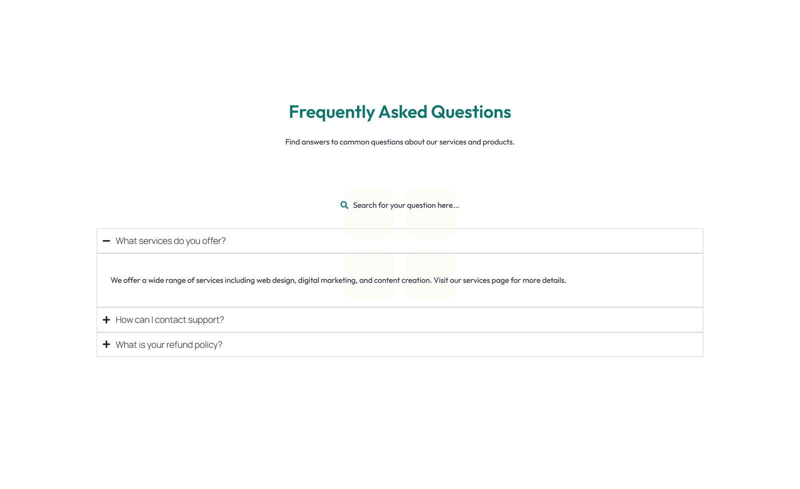 Screenshot of Centered FAQ with Accordion with Heading 34 - Elementor FAQ Sections component
