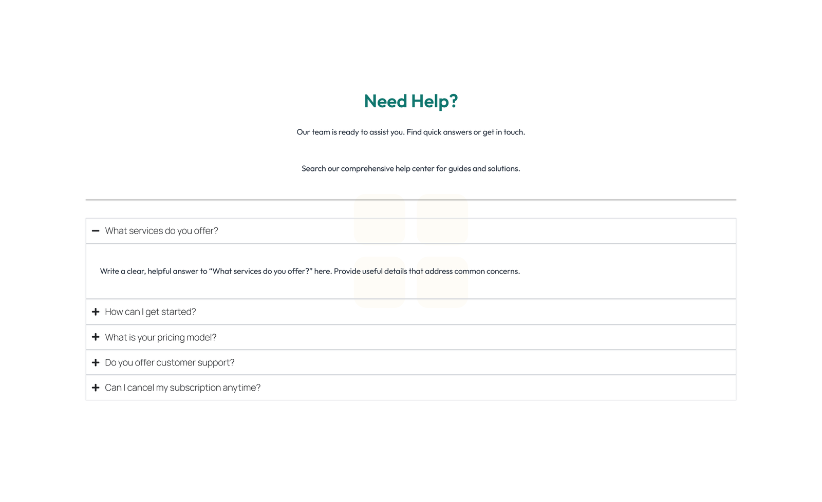 Screenshot of Centered FAQ with Accordion, Follow-up CTA 35 - Elementor FAQ Sections component