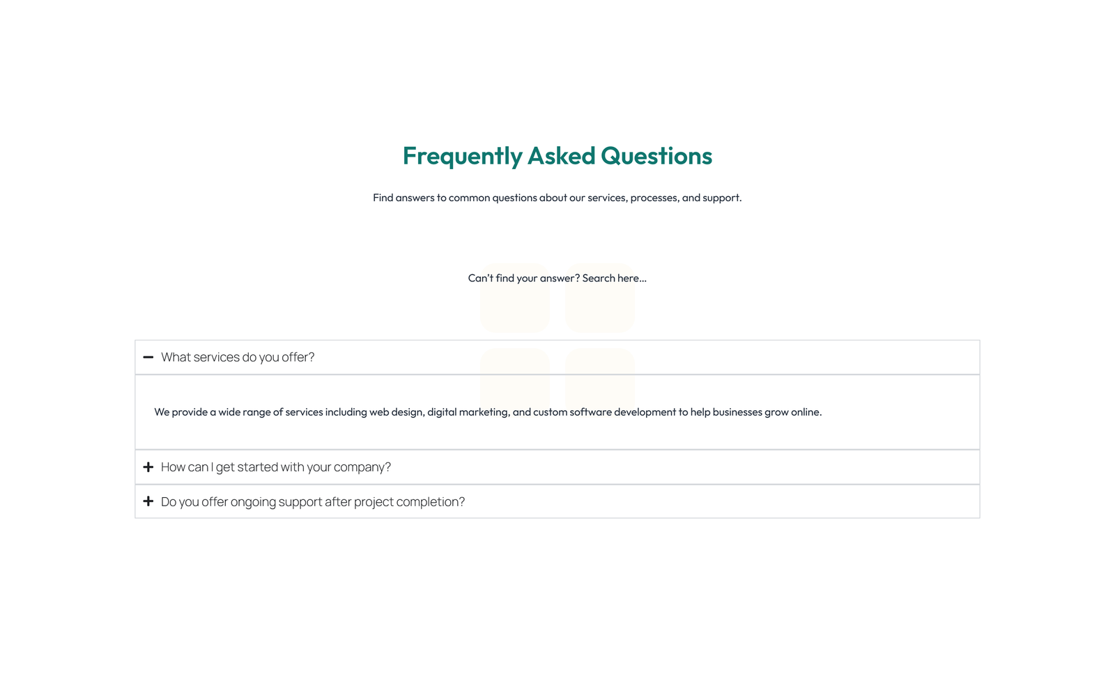 Screenshot of Split FAQ with Text and CTA Left and Accordion Right 36 - Elementor FAQ Sections component