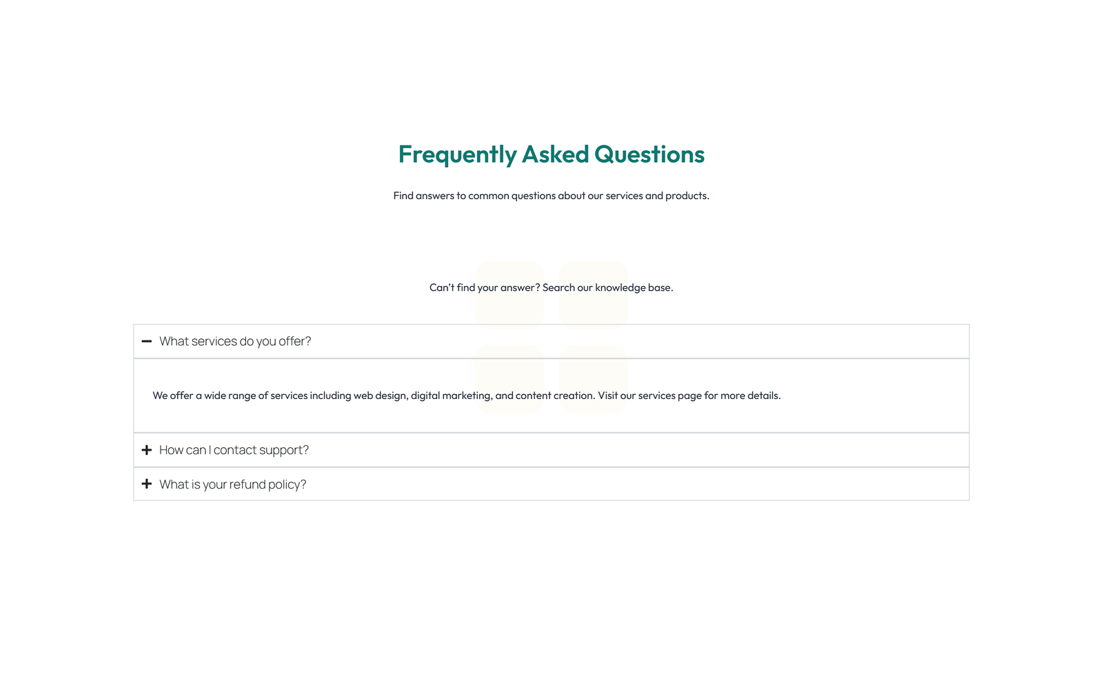 Screenshot of Centered FAQ with Accordion, Follow-up CTA 36 - Elementor FAQ Sections component