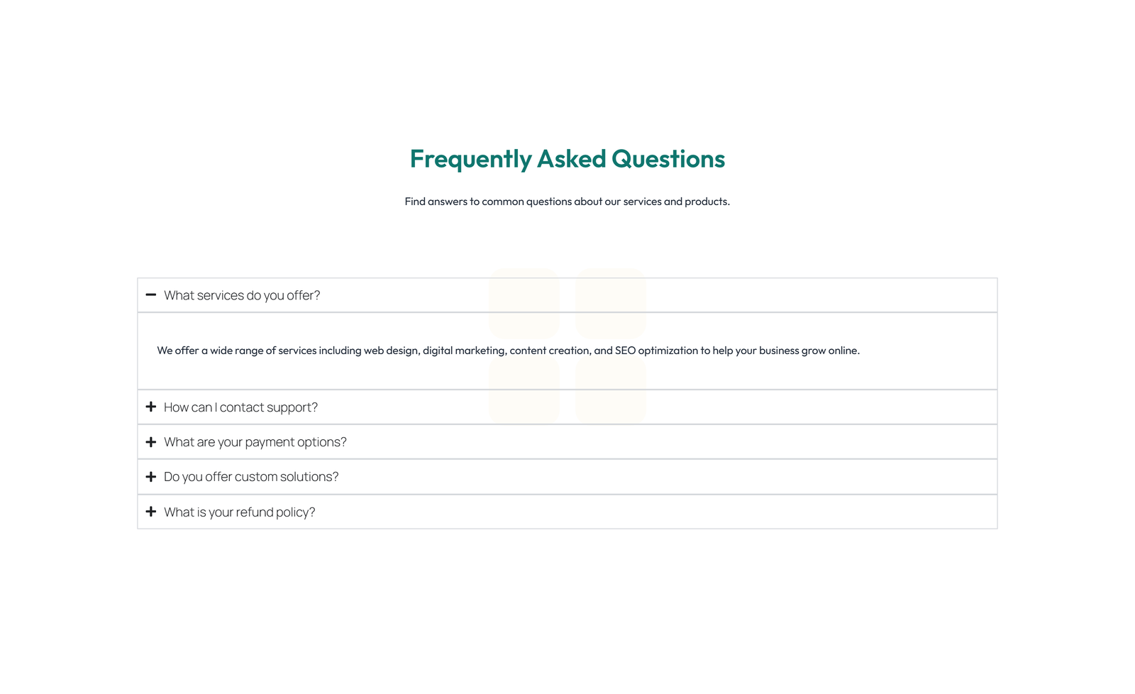 Screenshot of Centered FAQ with Accordion with Heading 38 - Elementor FAQ Sections component