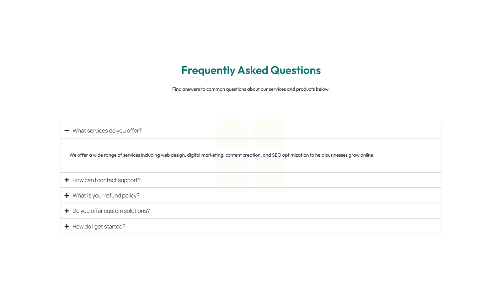 Screenshot of Split FAQ with Text and CTA Left and Accordion Right 40 - Elementor FAQ Sections component