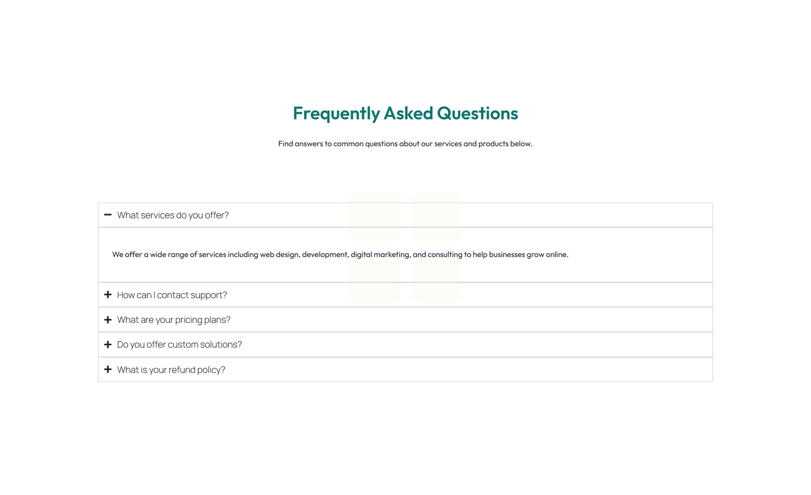 Screenshot of Centered FAQ with Accordion, Follow-up CTA 40 - Elementor FAQ Sections component