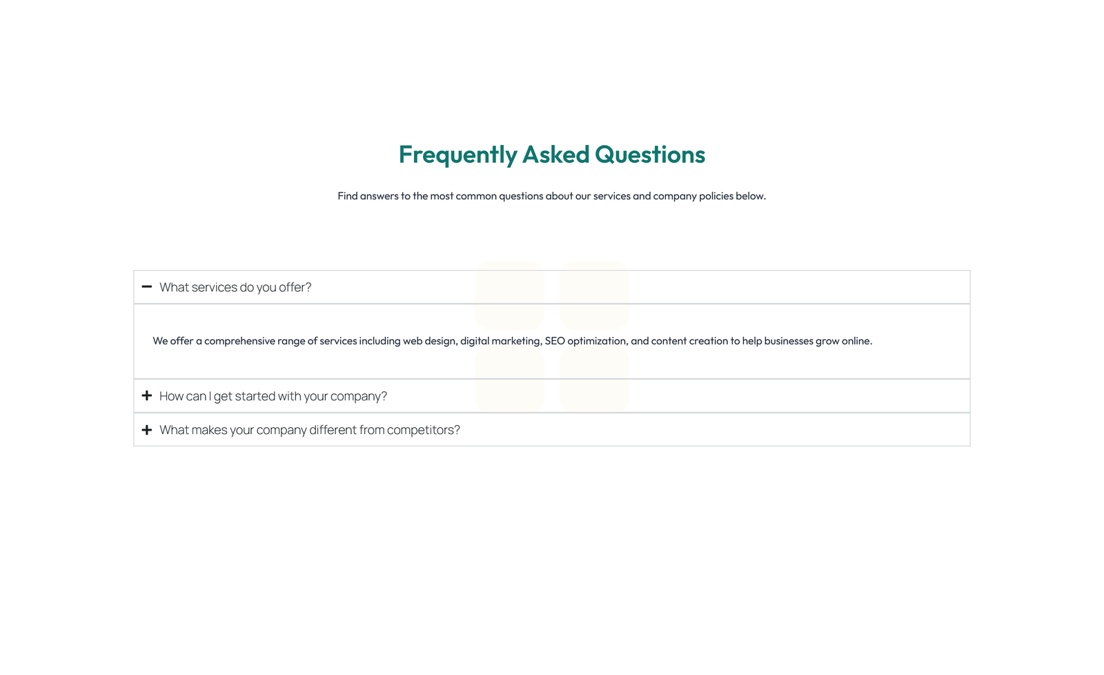 Screenshot of Centered FAQ with Accordion with Heading 41 - Elementor FAQ Sections component