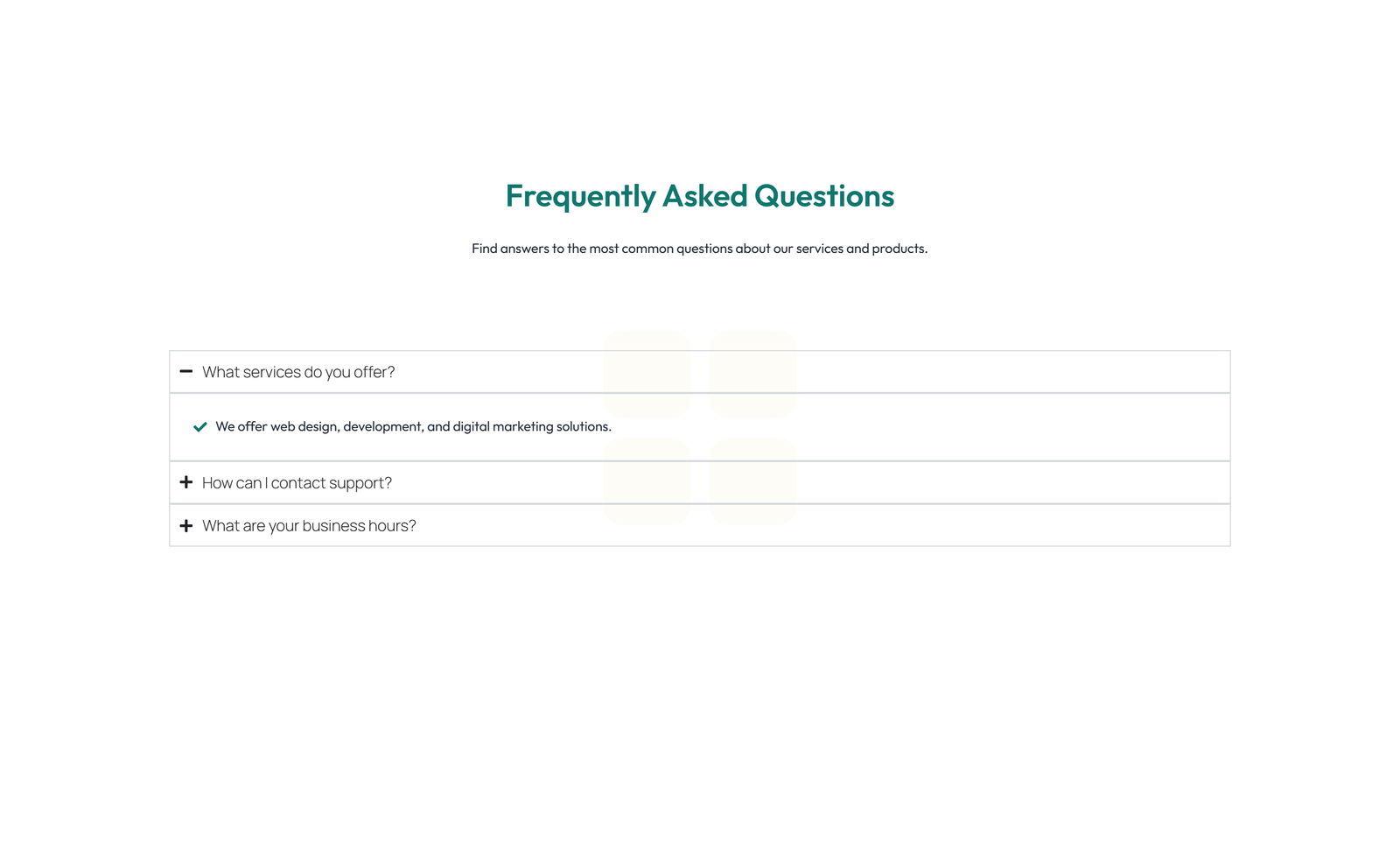 Screenshot of Centered FAQ with Accordion with Heading 42 - Elementor FAQ Sections component