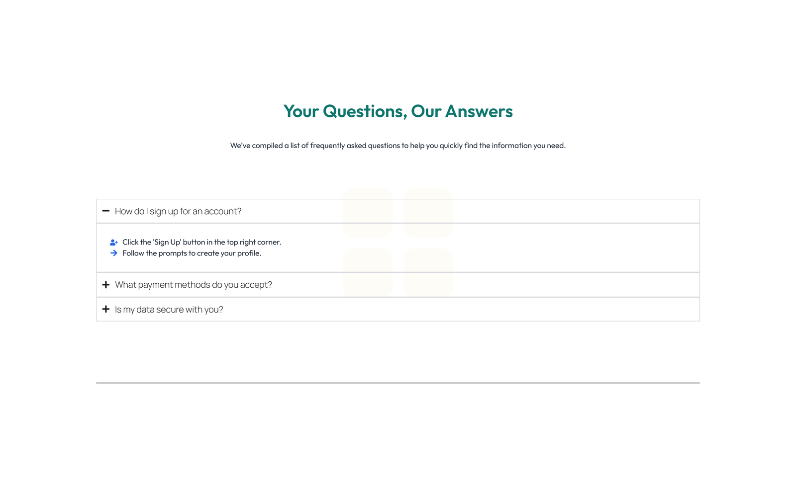 Screenshot of Centered FAQ with Accordion, Follow-up CTA 43 - Elementor FAQ Sections component