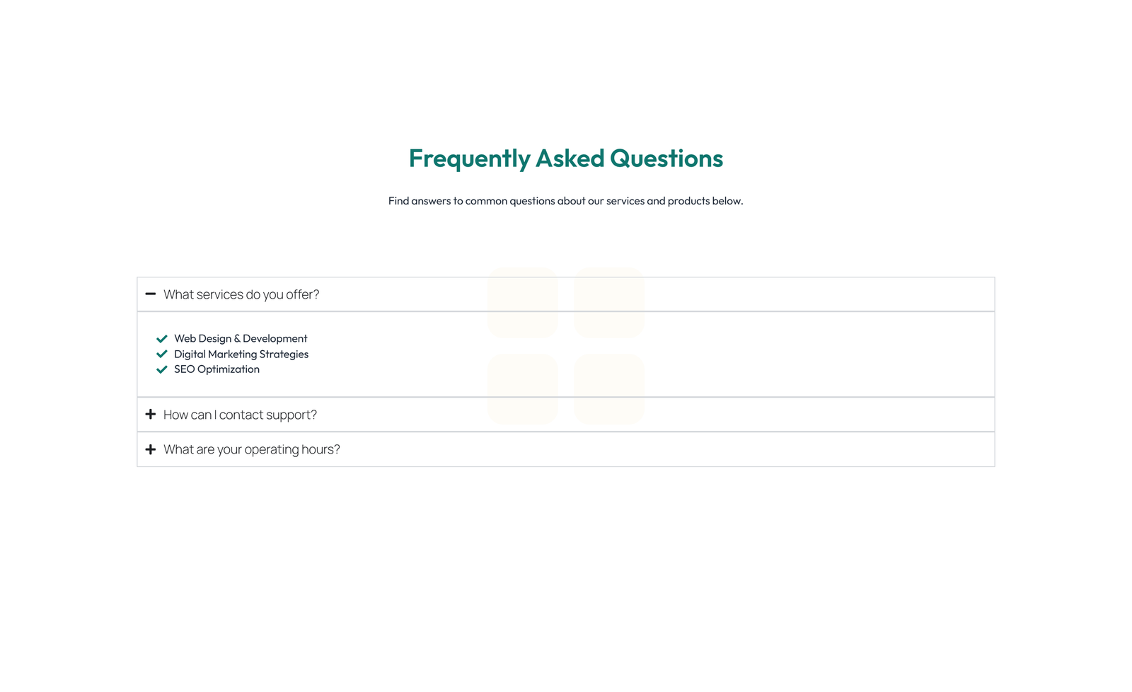 Screenshot of Centered FAQ with Accordion with Heading 44 - Elementor FAQ Sections component