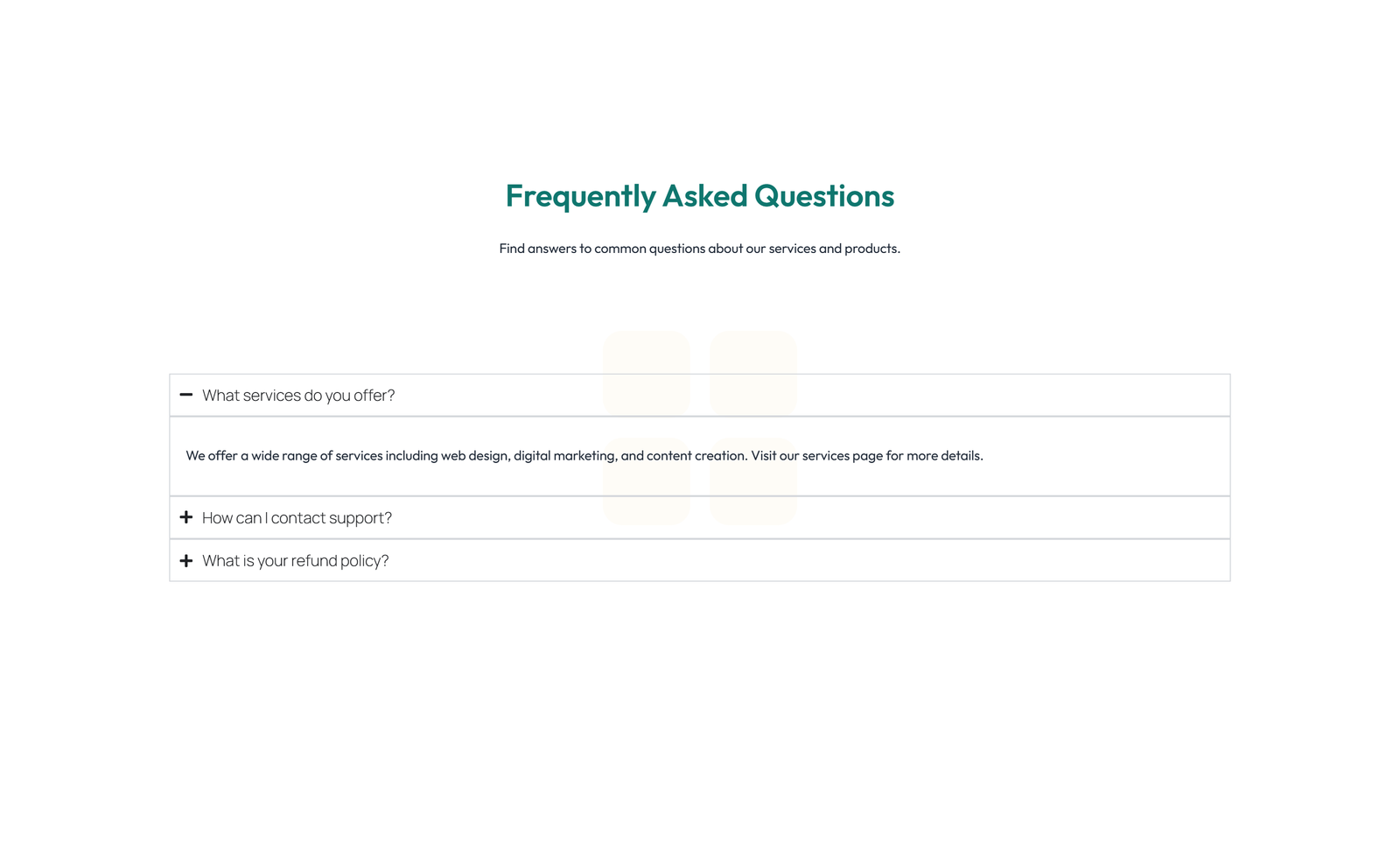 Screenshot of Centered FAQ with Accordion with Heading 45 - Elementor FAQ Sections component