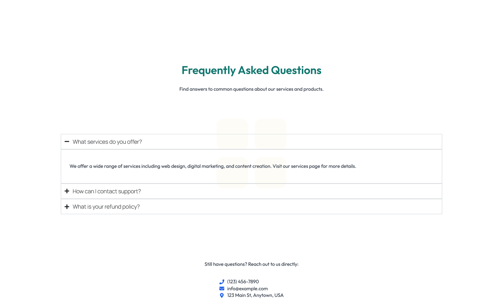 Screenshot of Centered FAQ with Accordion with Heading 46 - Elementor FAQ Sections component