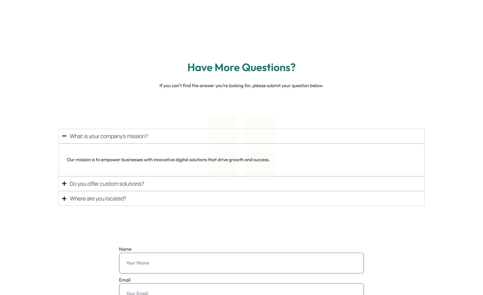 Screenshot of Split FAQ with Text and CTA Left and Accordion Right 46 - Elementor FAQ Sections component