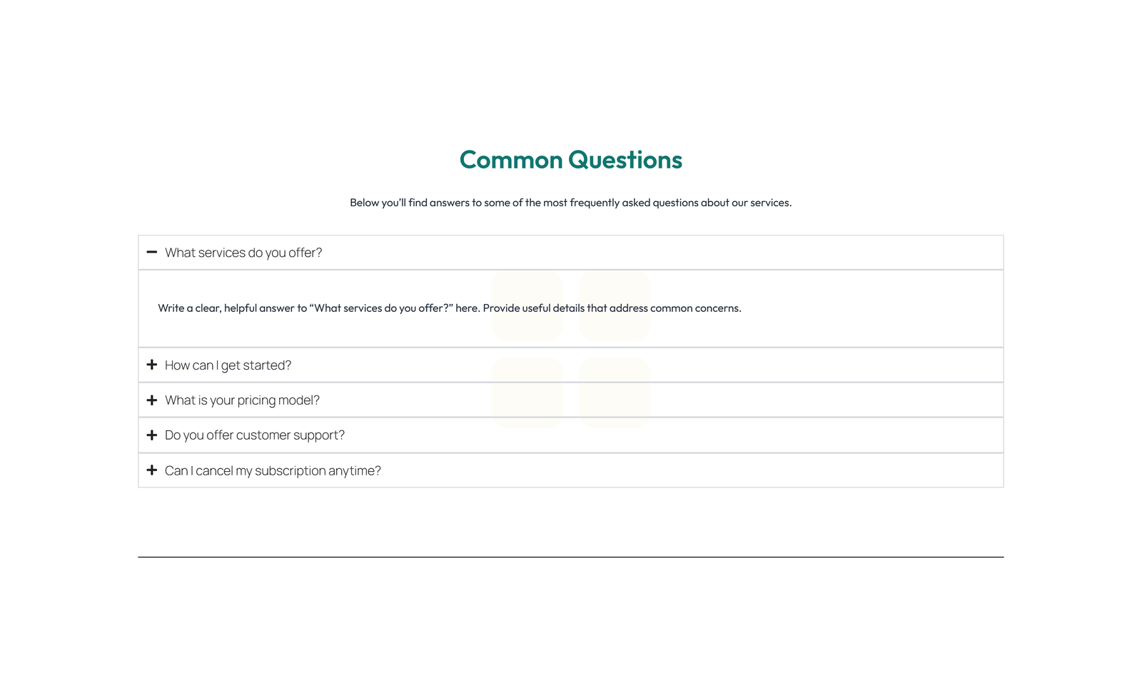 Screenshot of Centered FAQ with Accordion, Follow-up CTA 47 - Elementor FAQ Sections component