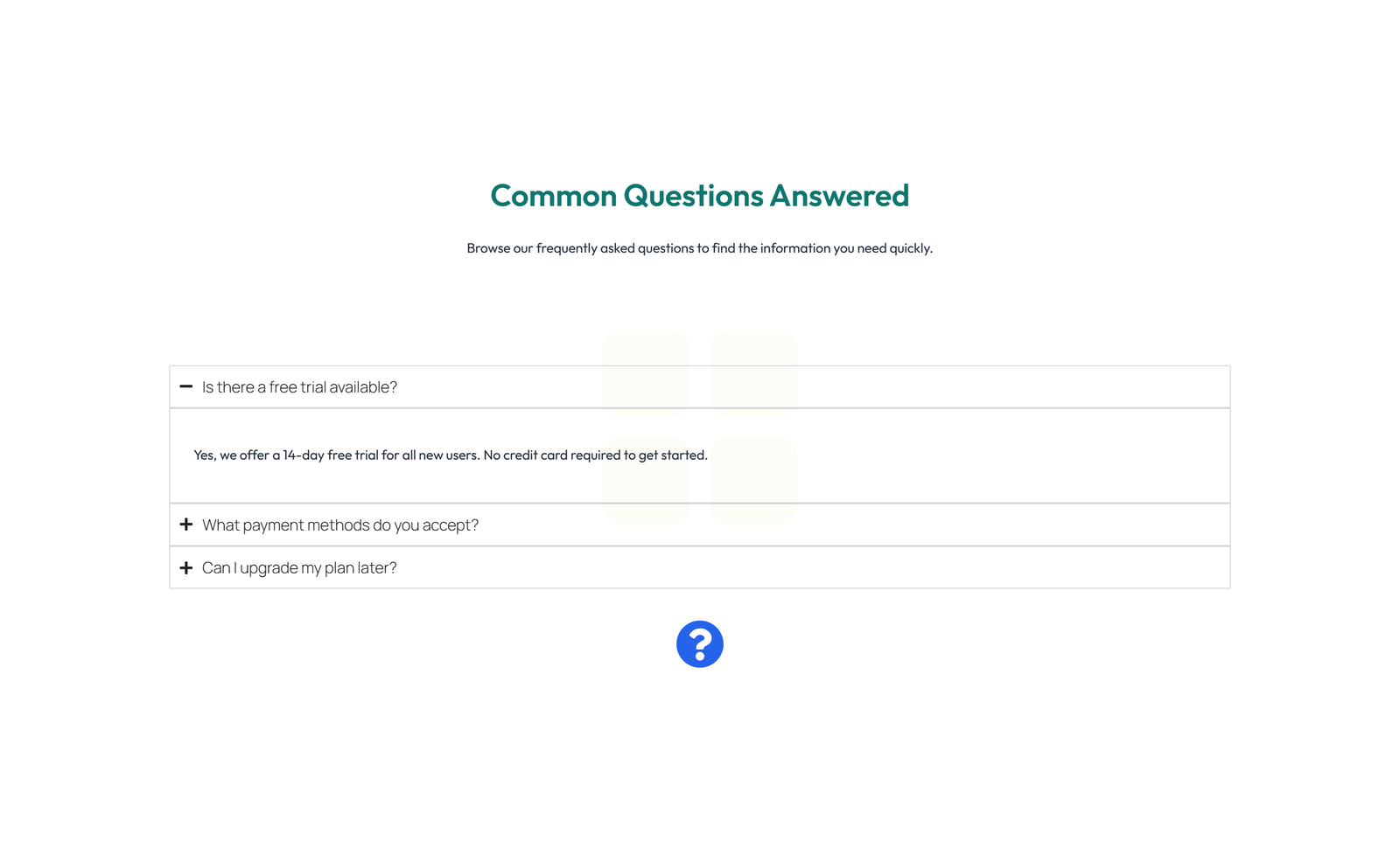 Screenshot of Split FAQ with Text and CTA Left and Accordion Right 48 - Elementor FAQ Sections component