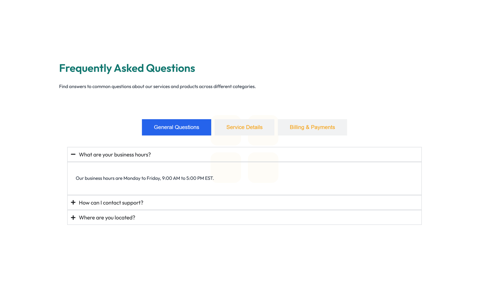 Screenshot of Centered FAQ with Accordion with Heading 49 - Elementor FAQ Sections component