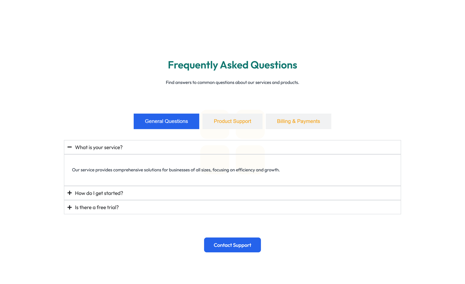 Screenshot of Centered FAQ with Accordion, Follow-up CTA 49 - Elementor FAQ Sections component