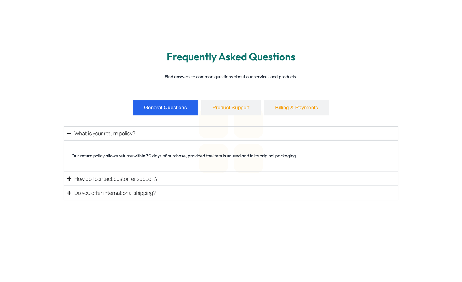 Screenshot of Split FAQ with Text and CTA Left and Accordion Right 51 - Elementor FAQ Sections component