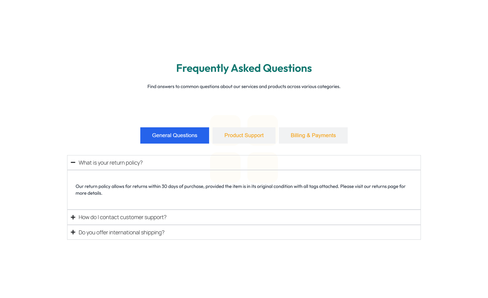 Screenshot of Split FAQ with Text and CTA Left and Accordion Right 52 - Elementor FAQ Sections component