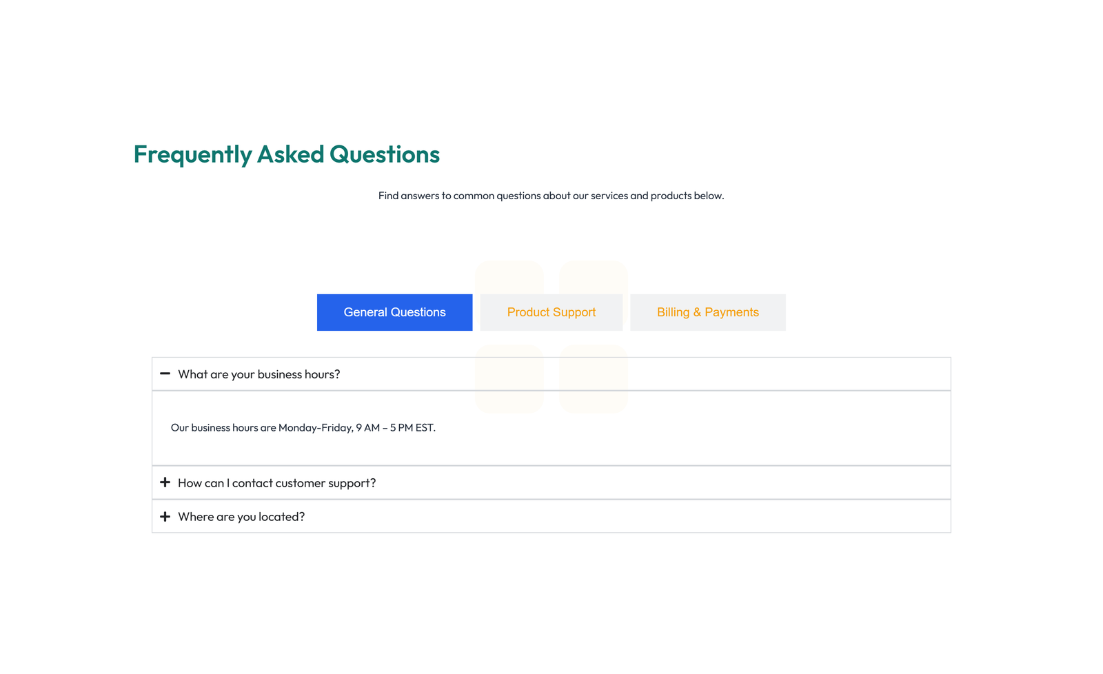 Screenshot of Centered FAQ with Accordion, Follow-up CTA 52 - Elementor FAQ Sections component