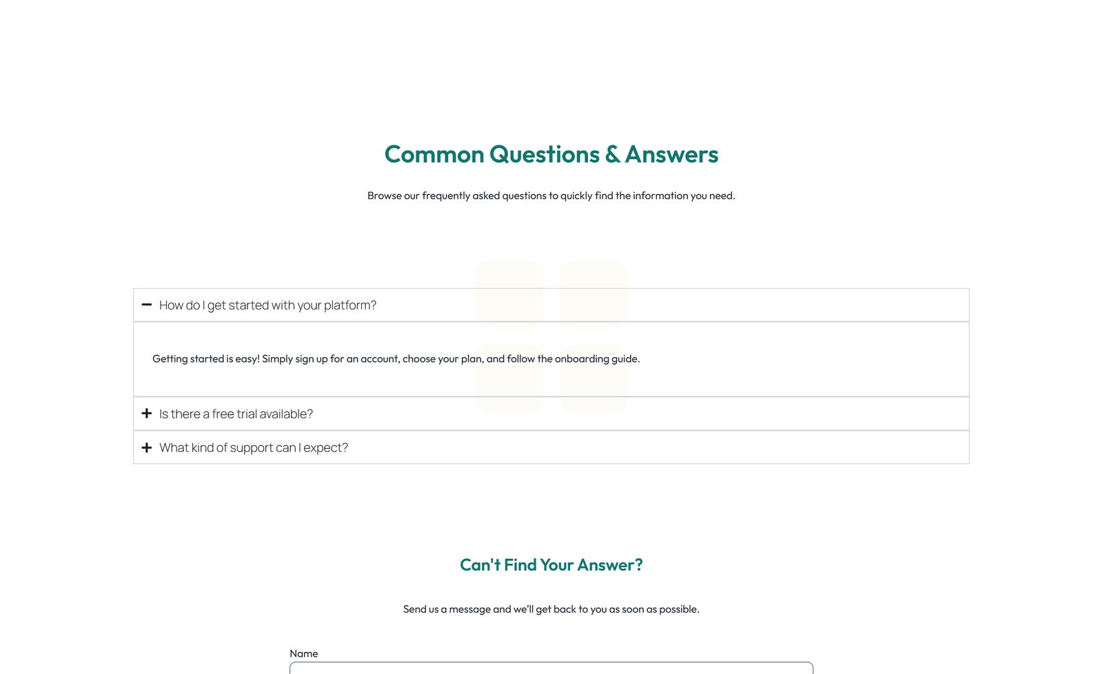 Screenshot of Split FAQ with Text and CTA Left and Accordion Right 54 - Elementor FAQ Sections component