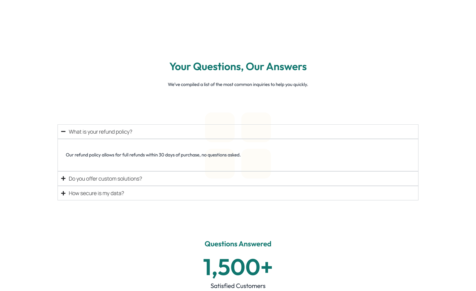 Screenshot of Centered FAQ with Accordion, Follow-up CTA 54 - Elementor FAQ Sections component