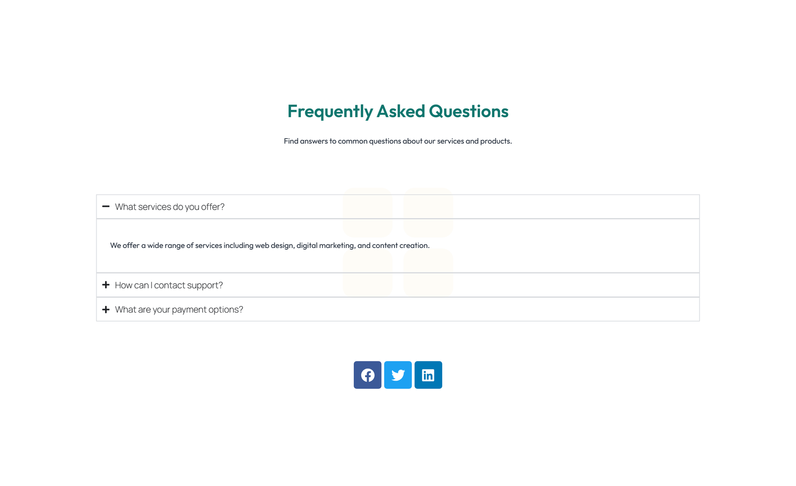 Screenshot of Centered FAQ with Accordion with Heading 55 - Elementor FAQ Sections component