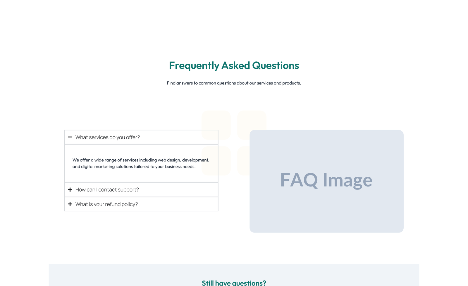 Split FAQ with Text and CTA Left and Accordion Right 55 - Elementor component