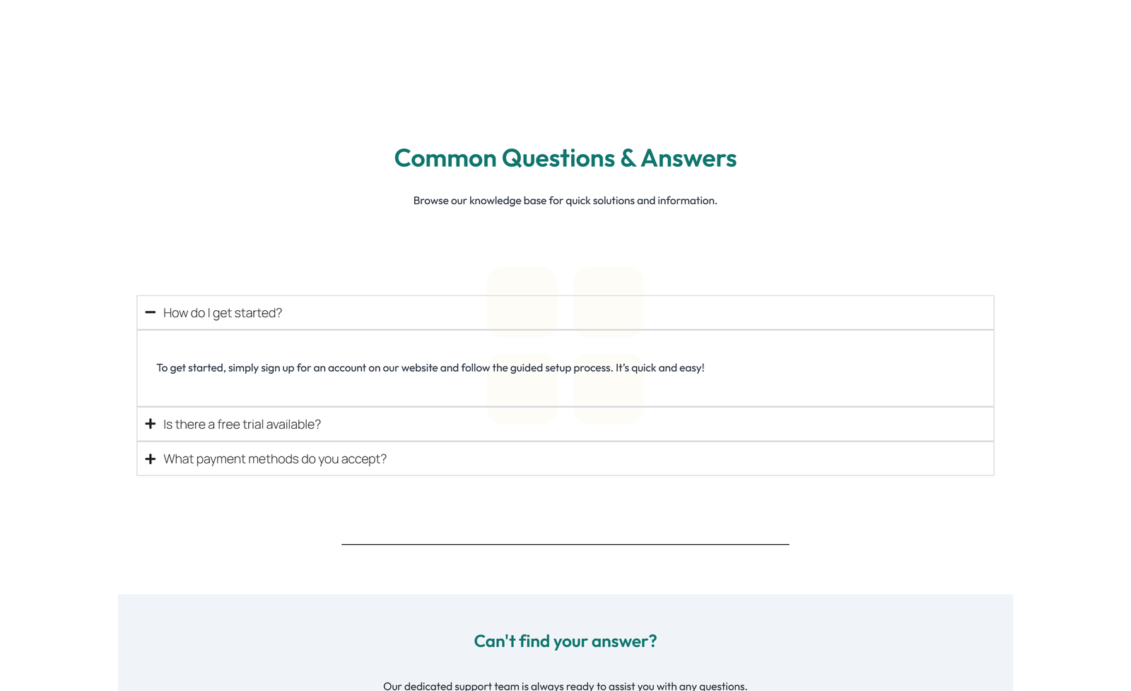 Screenshot of Centered FAQ with Accordion, Follow-up CTA 55 - Elementor FAQ Sections component