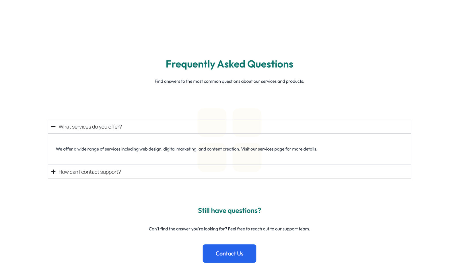 Screenshot of Split FAQ with Text and CTA Left and Accordion Right 56 - Elementor FAQ Sections component