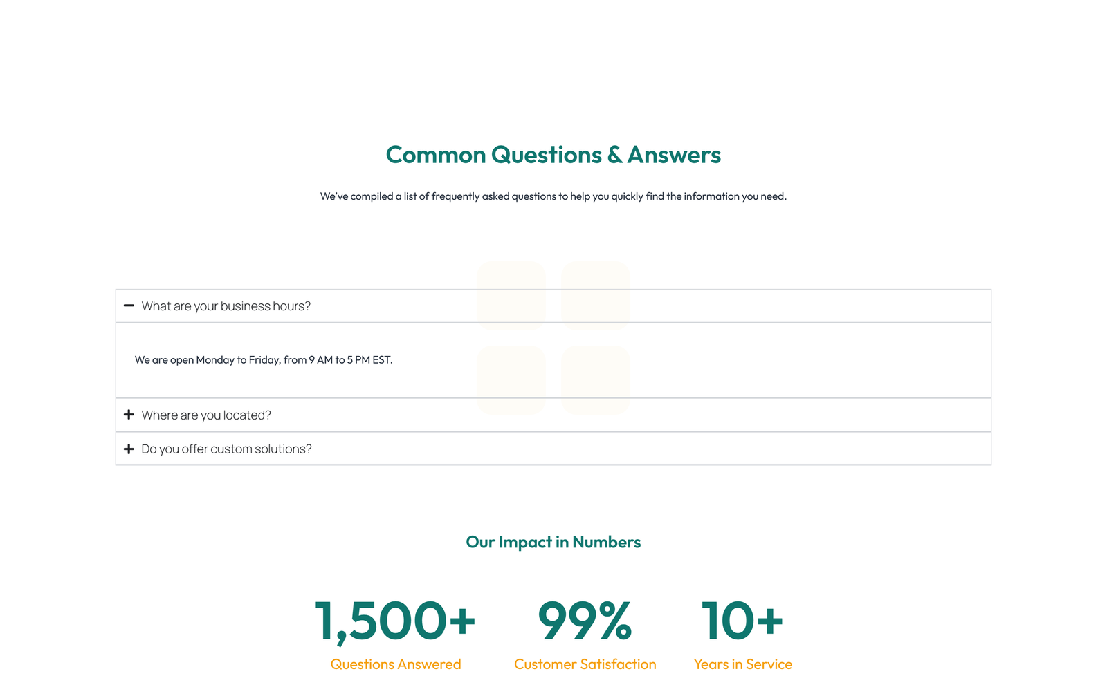 Screenshot of Centered FAQ with Accordion with Heading 57 - Elementor FAQ Sections component