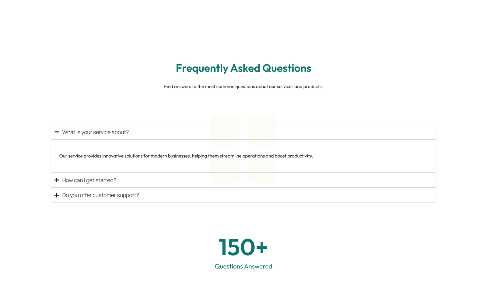 Screenshot of Split FAQ with Text and CTA Left and Accordion Right 57 - Elementor FAQ Sections component