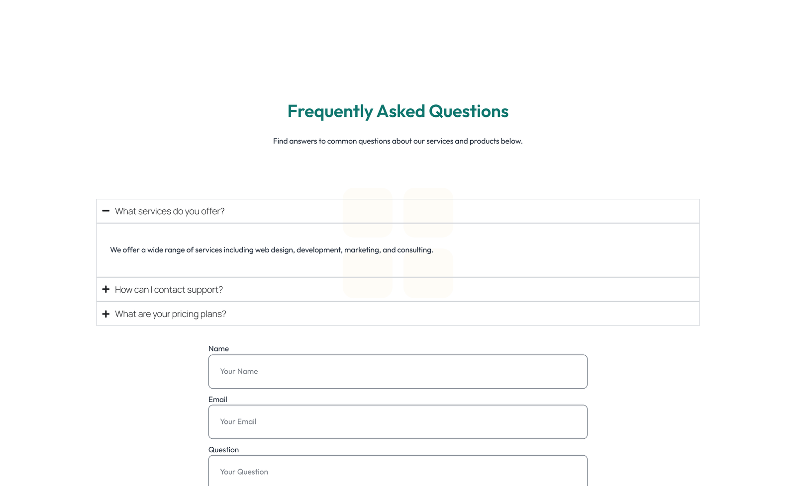 Screenshot of Split FAQ with Text and CTA Left and Accordion Right 58 - Elementor FAQ Sections component