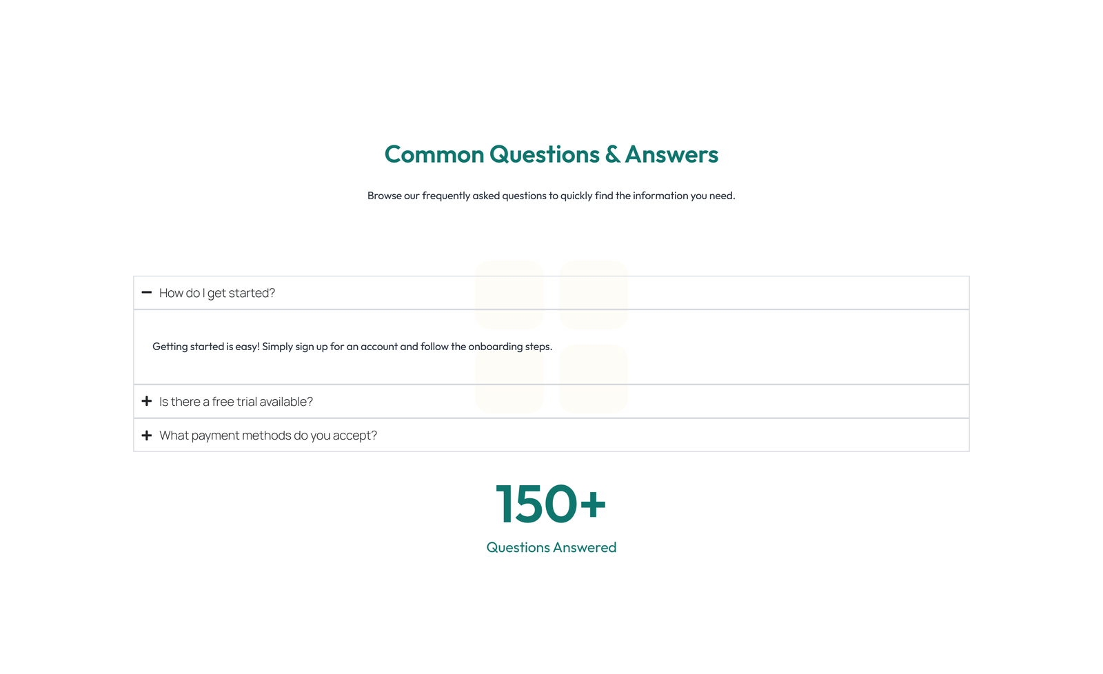 Screenshot of Centered FAQ with Accordion, Follow-up CTA 58 - Elementor FAQ Sections component