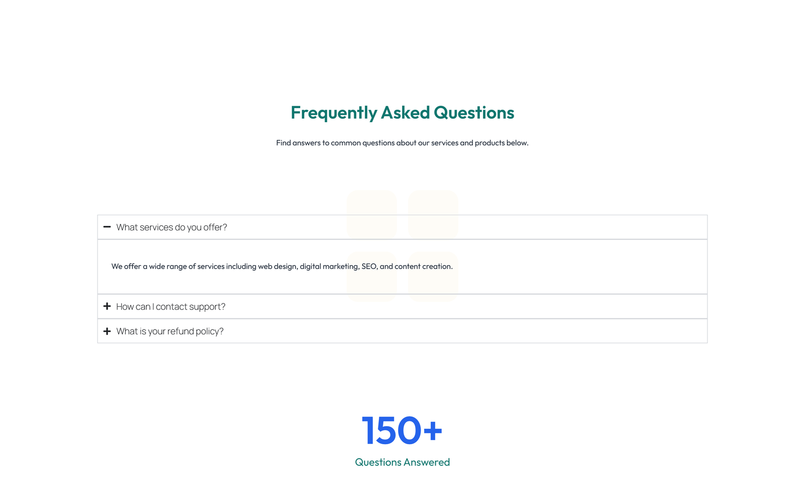 Screenshot of Split FAQ with Text and CTA Left and Accordion Right 59 - Elementor FAQ Sections component