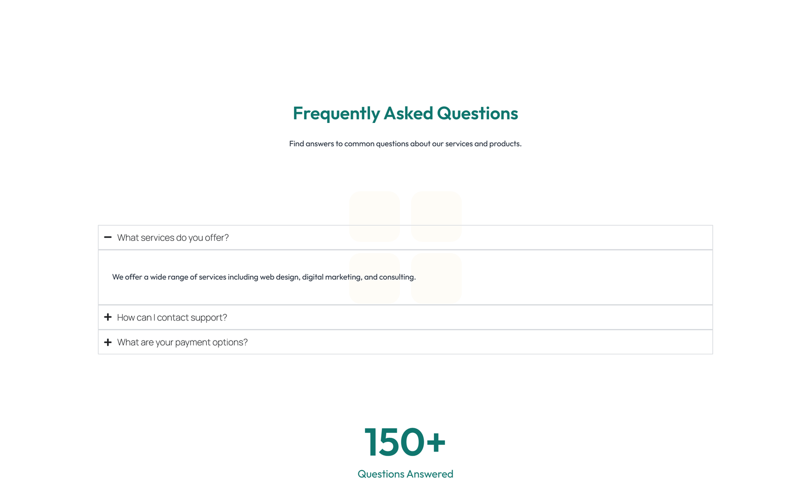 Screenshot of Split FAQ with Text and CTA Left and Accordion Right 60 - Elementor FAQ Sections component