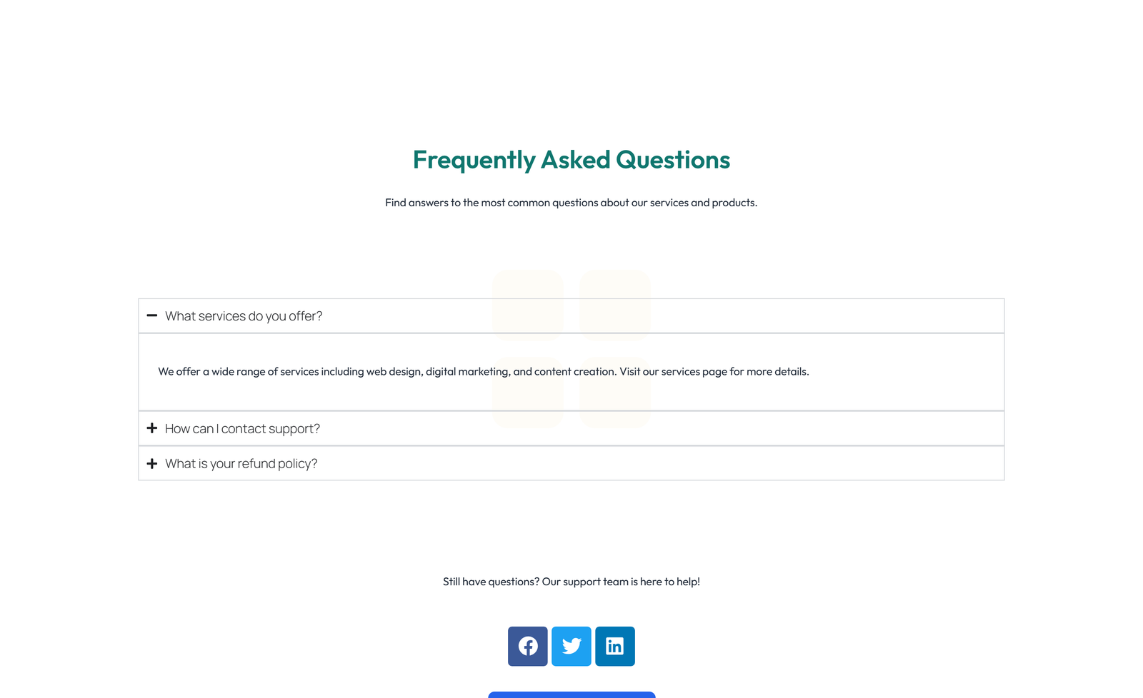 Screenshot of Centered FAQ with Accordion, Follow-up CTA 61 - Elementor FAQ Sections component