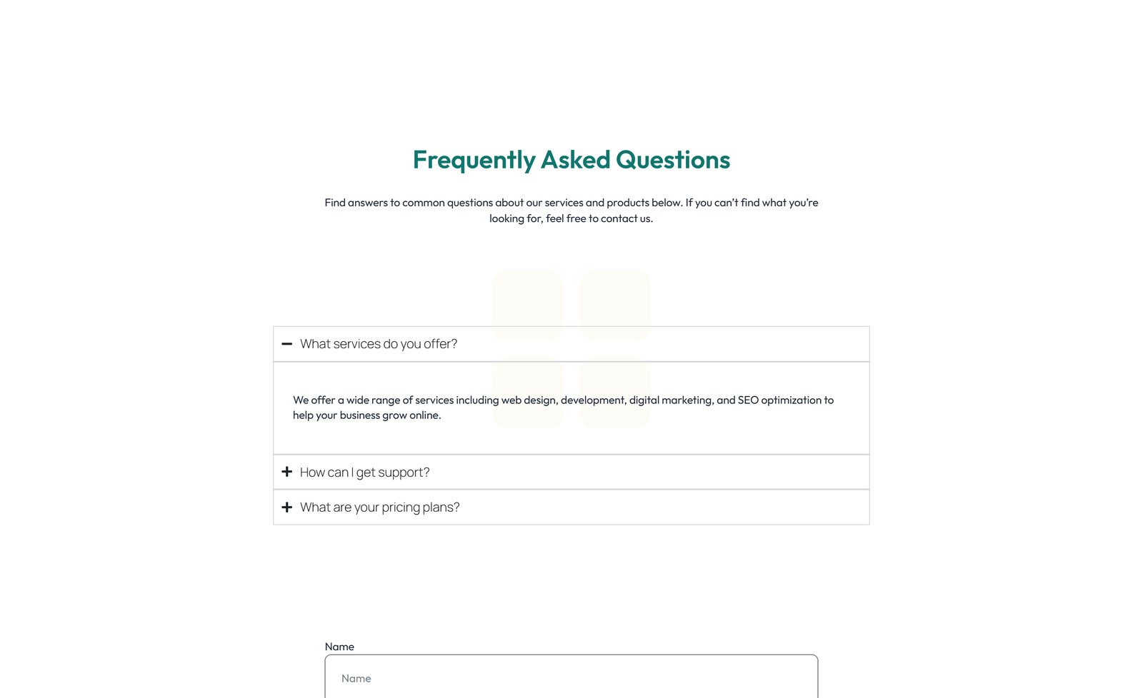Screenshot of Split FAQ with Text and CTA Left and Accordion Right 62 - Elementor FAQ Sections component