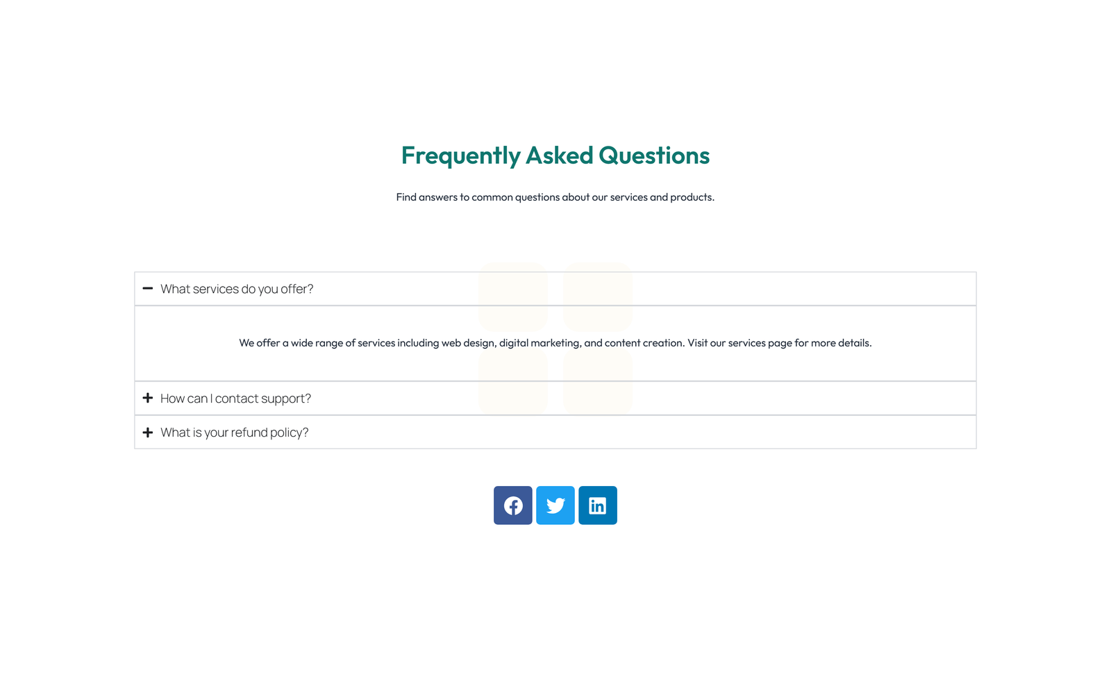 Screenshot of Centered FAQ with Accordion, Follow-up CTA 64 - Elementor FAQ Sections component