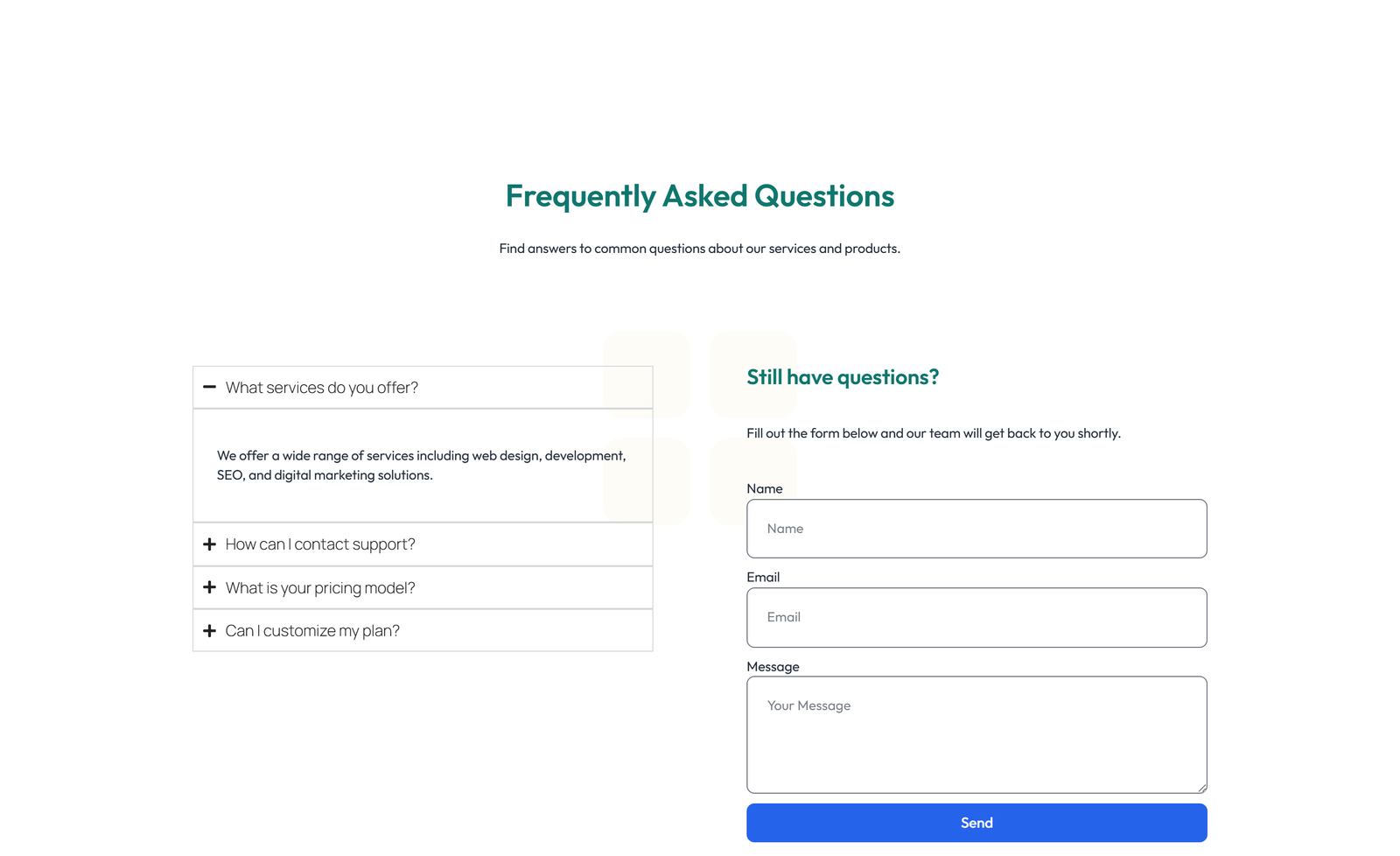 Screenshot of Split FAQ with Text and CTA Left and Accordion Right 66 - Elementor FAQ Sections component