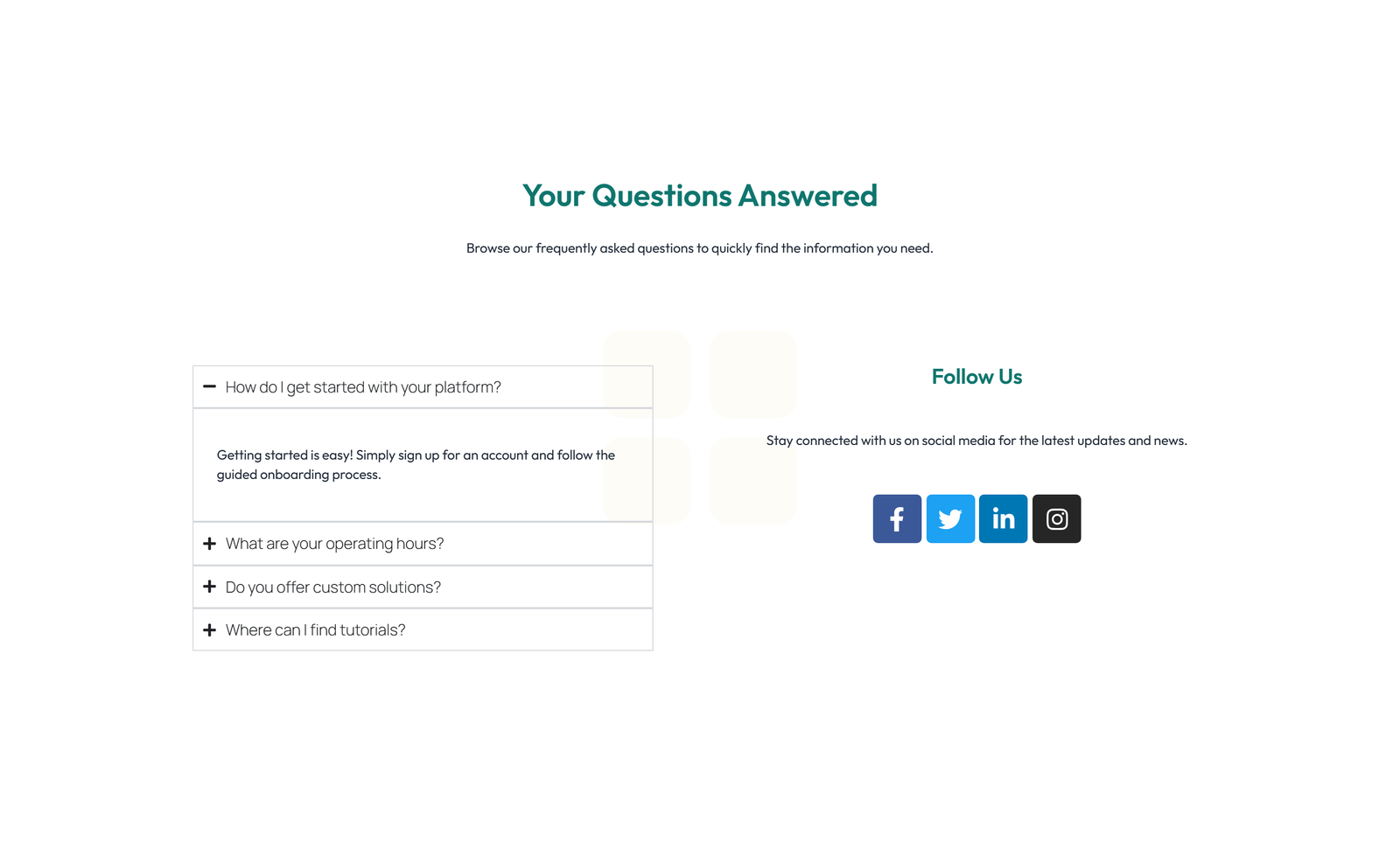 Screenshot of Centered FAQ with Accordion with Heading 67 - Elementor FAQ Sections component