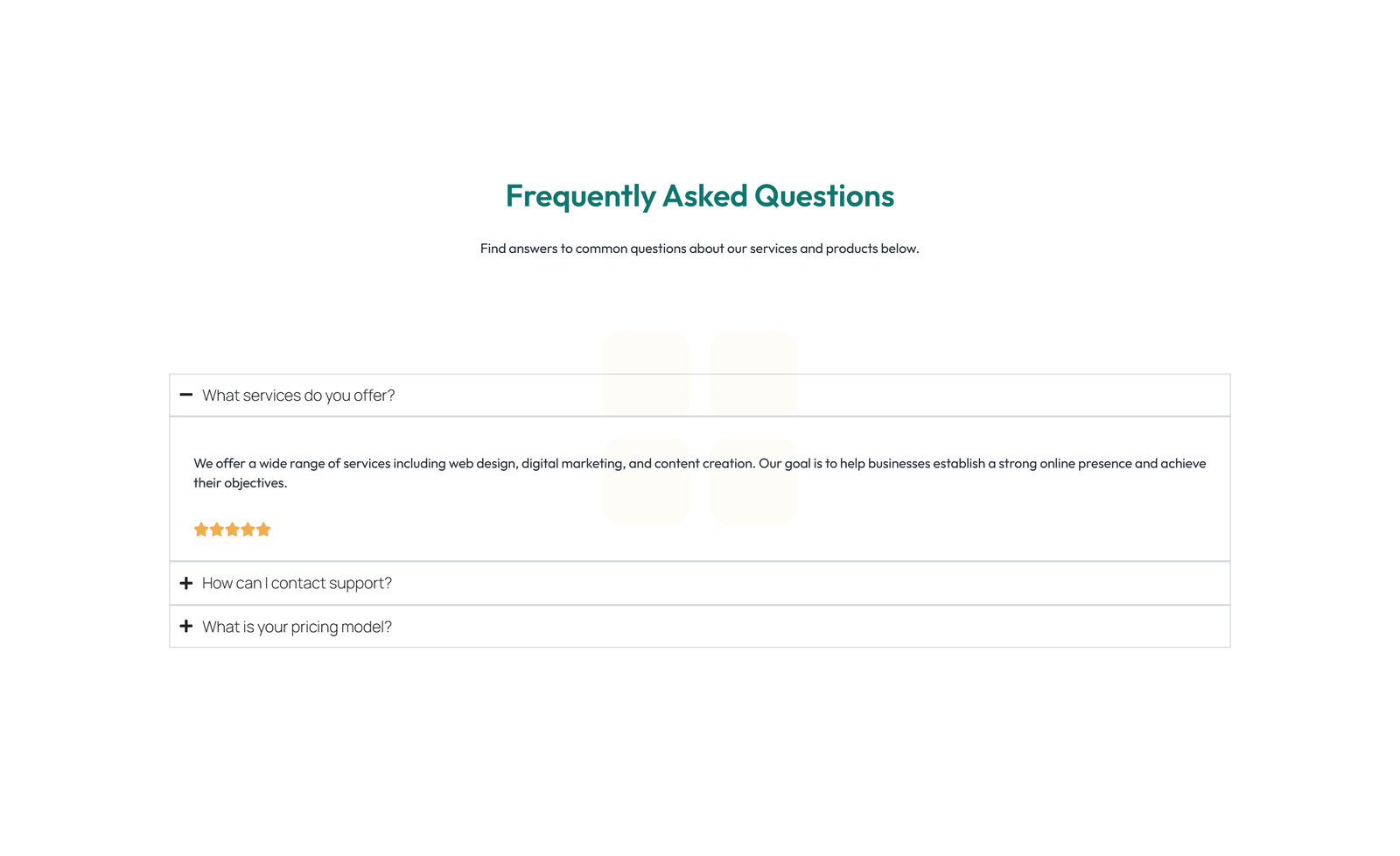 Screenshot of Centered FAQ with Accordion with Heading 69 - Elementor FAQ Sections component
