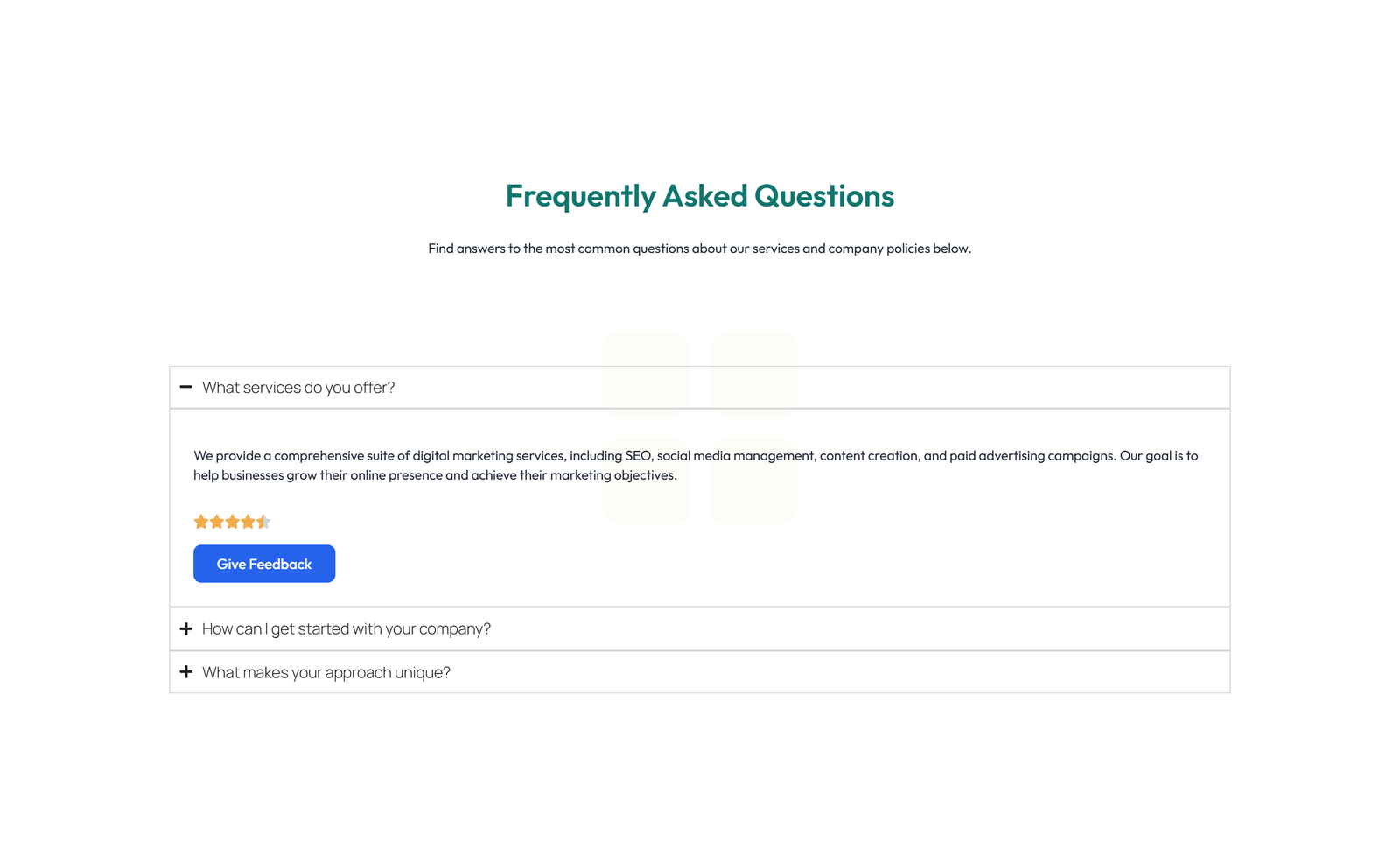 Screenshot of Centered FAQ with Accordion, Follow-up CTA 69 - Elementor FAQ Sections component