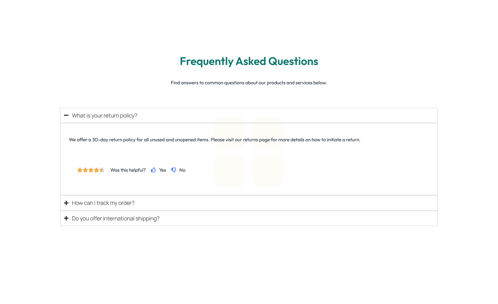 Screenshot of Centered FAQ with Accordion with Heading 70 - Elementor FAQ Sections component