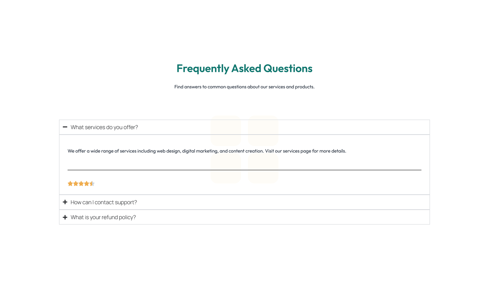 Screenshot of Centered FAQ with Accordion, Follow-up CTA 71 - Elementor FAQ Sections component