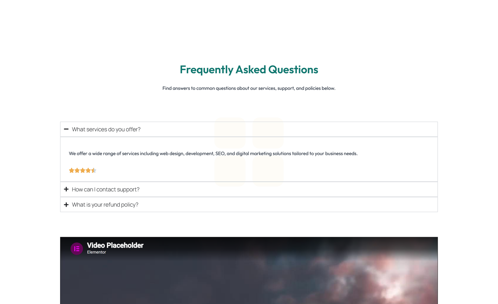 Centered FAQ with Accordion with Heading 72 - Elementor component